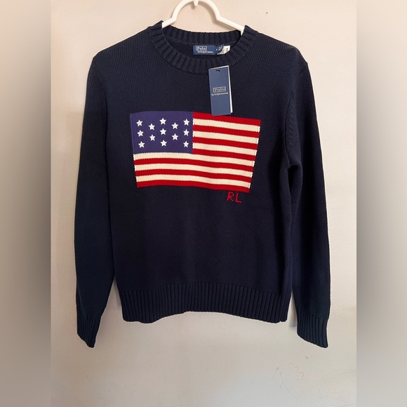 NWT Polo Ralph Lauren Women’s Iconic Flag Sweater Size Medium Navy Pullover - Picture 5 of 8
